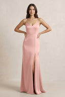 Spaghetti Strap Sheath Satin Bridesmaid Dress in Rose Petal - KissProm Bridesmaid Dresses