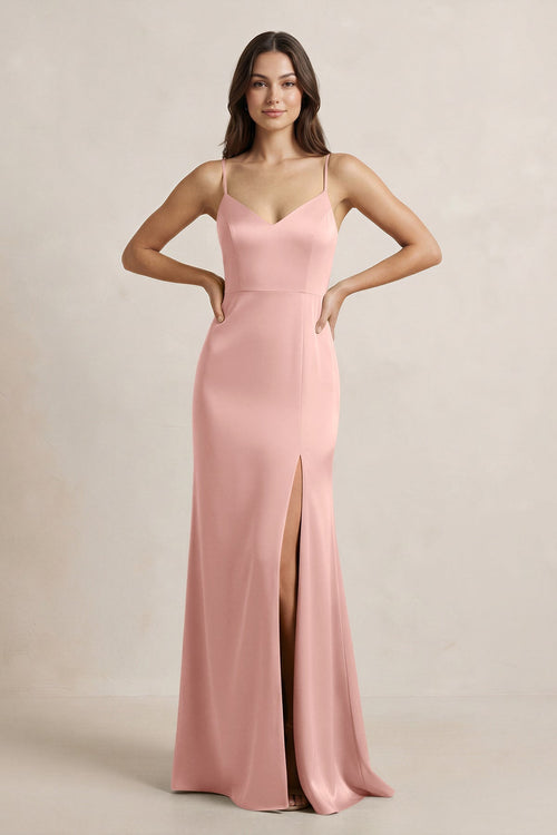 Spaghetti Strap Sheath Satin Bridesmaid Dress in Rose Petal - KissProm Bridesmaid Dresses