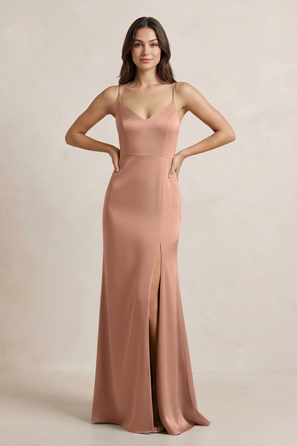 Spaghetti Strap Sheath Satin Bridesmaid Dress in Rosette - KissProm Bridesmaid Dresses