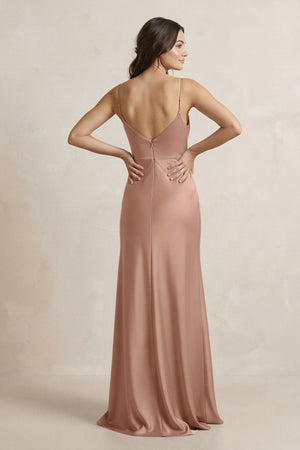 Spaghetti Strap Sheath Satin Bridesmaid Dress in Rosette - KissProm Bridesmaid Dresses