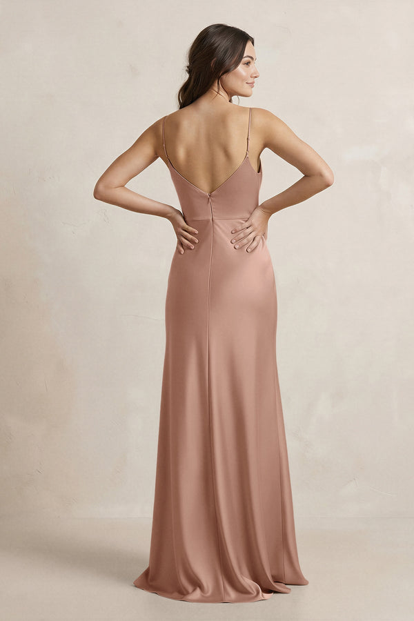 Spaghetti Strap Sheath Satin Bridesmaid Dress in Rosette - KissProm Bridesmaid Dresses