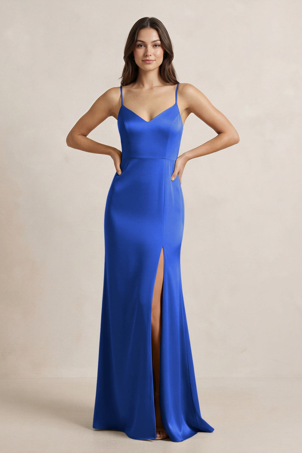 Spaghetti Strap Sheath Satin Bridesmaid Dress in Royal Blue - KissProm Bridesmaid Dresses