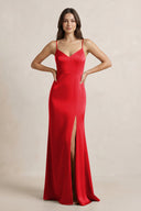 Spaghetti Strap Sheath Satin Bridesmaid Dress in Ruby Red - KissProm Bridesmaid Dresses