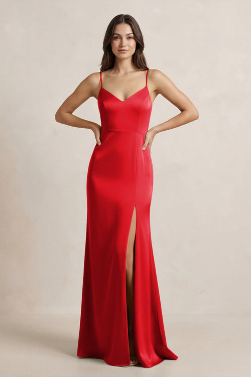 Spaghetti Strap Sheath Satin Bridesmaid Dress in Ruby Red - KissProm Bridesmaid Dresses