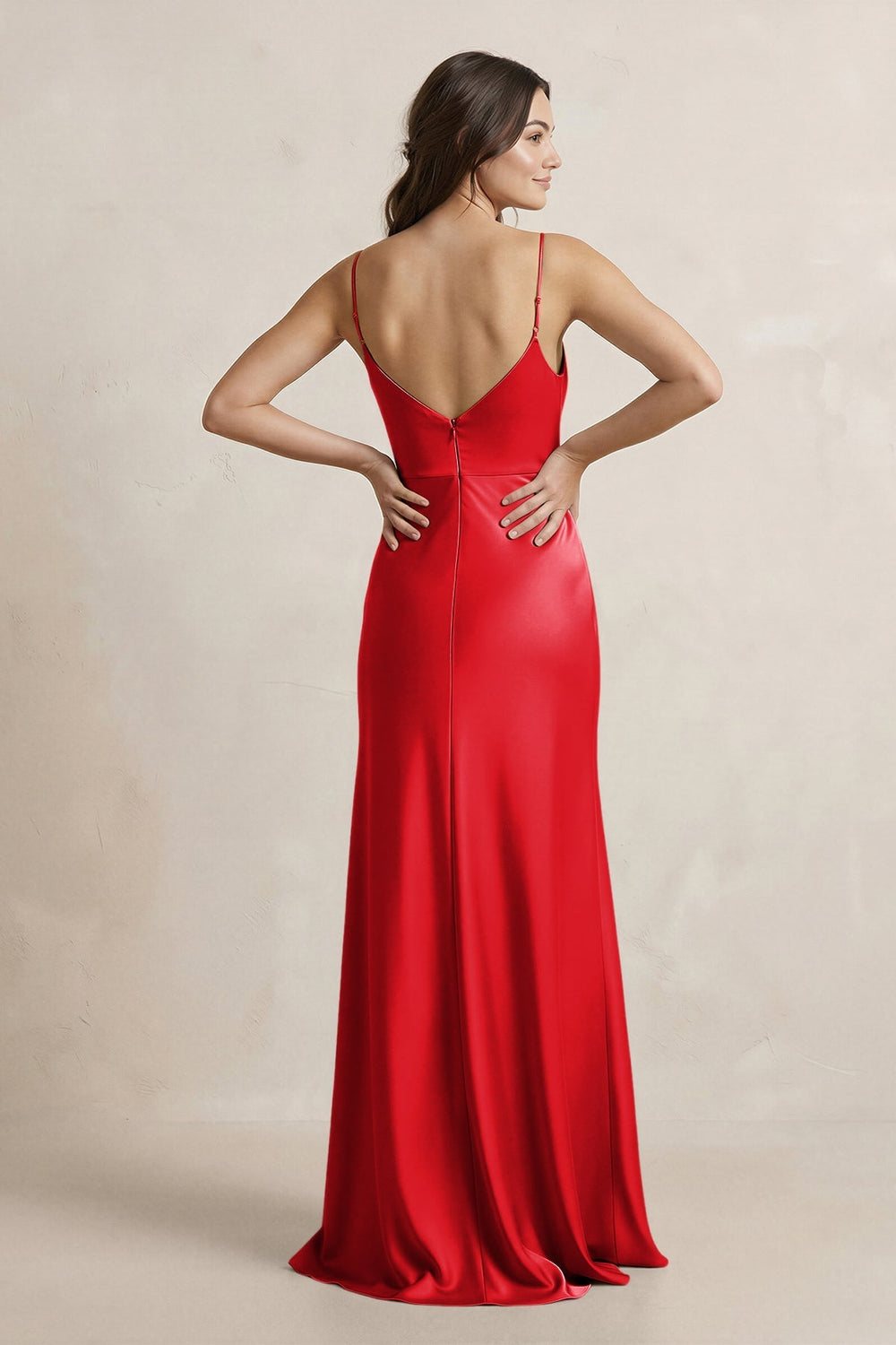 Spaghetti Strap Sheath Satin Bridesmaid Dress in Ruby Red - KissProm Bridesmaid Dresses