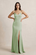 Spaghetti Strap Sheath Satin Bridesmaid Dress in Sage - KissProm Bridesmaid Dresses