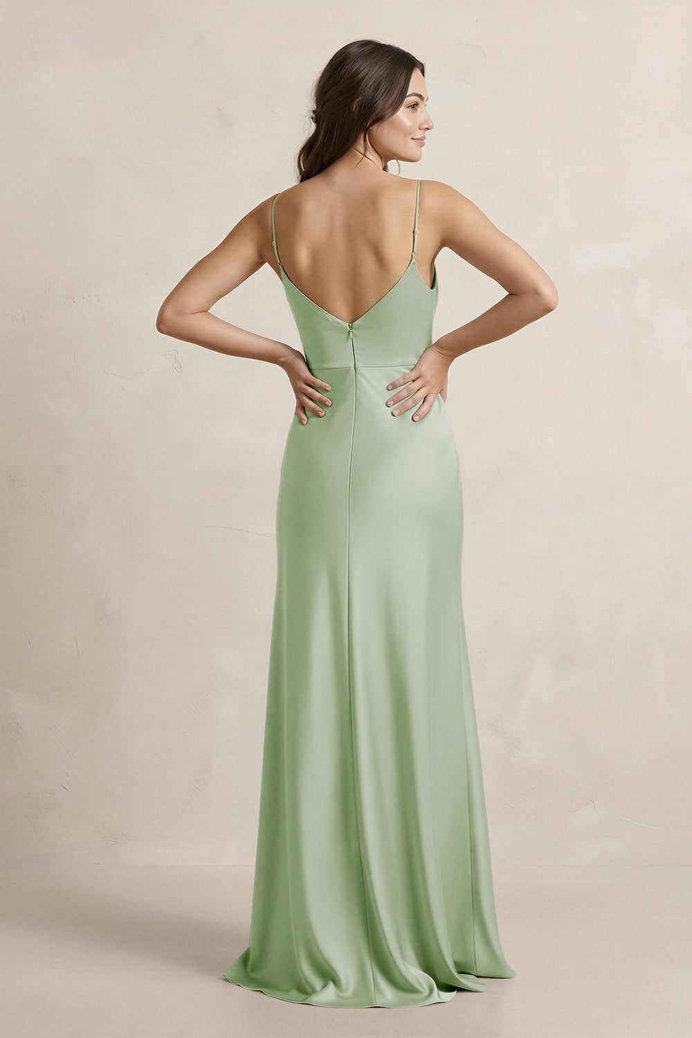 Spaghetti Strap Sheath Satin Bridesmaid Dress in Sage - KissProm Bridesmaid Dresses