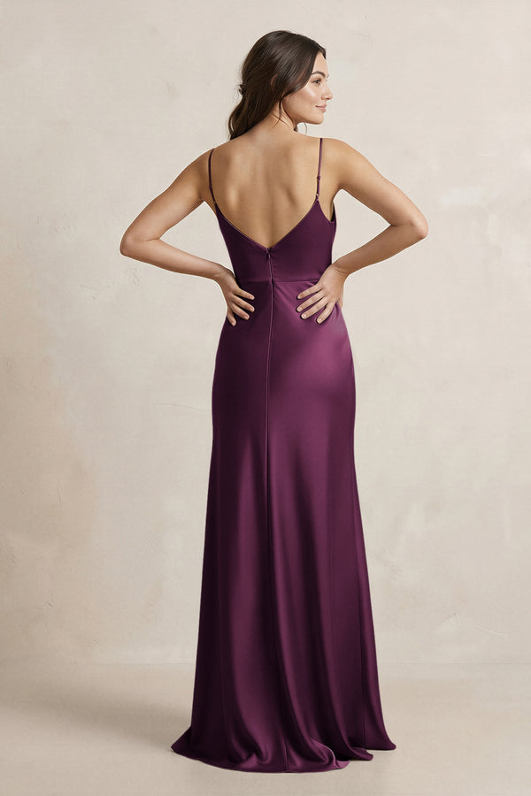 Spaghetti Strap Sheath Satin Bridesmaid Dress in Sangria - KissProm Bridesmaid Dresses