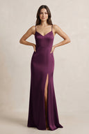 Spaghetti Strap Sheath Satin Bridesmaid Dress in Sangria - KissProm Bridesmaid Dresses