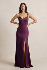 Spaghetti Strap Sheath Satin Bridesmaid Dress in Sangria - KissProm Bridesmaid Dresses