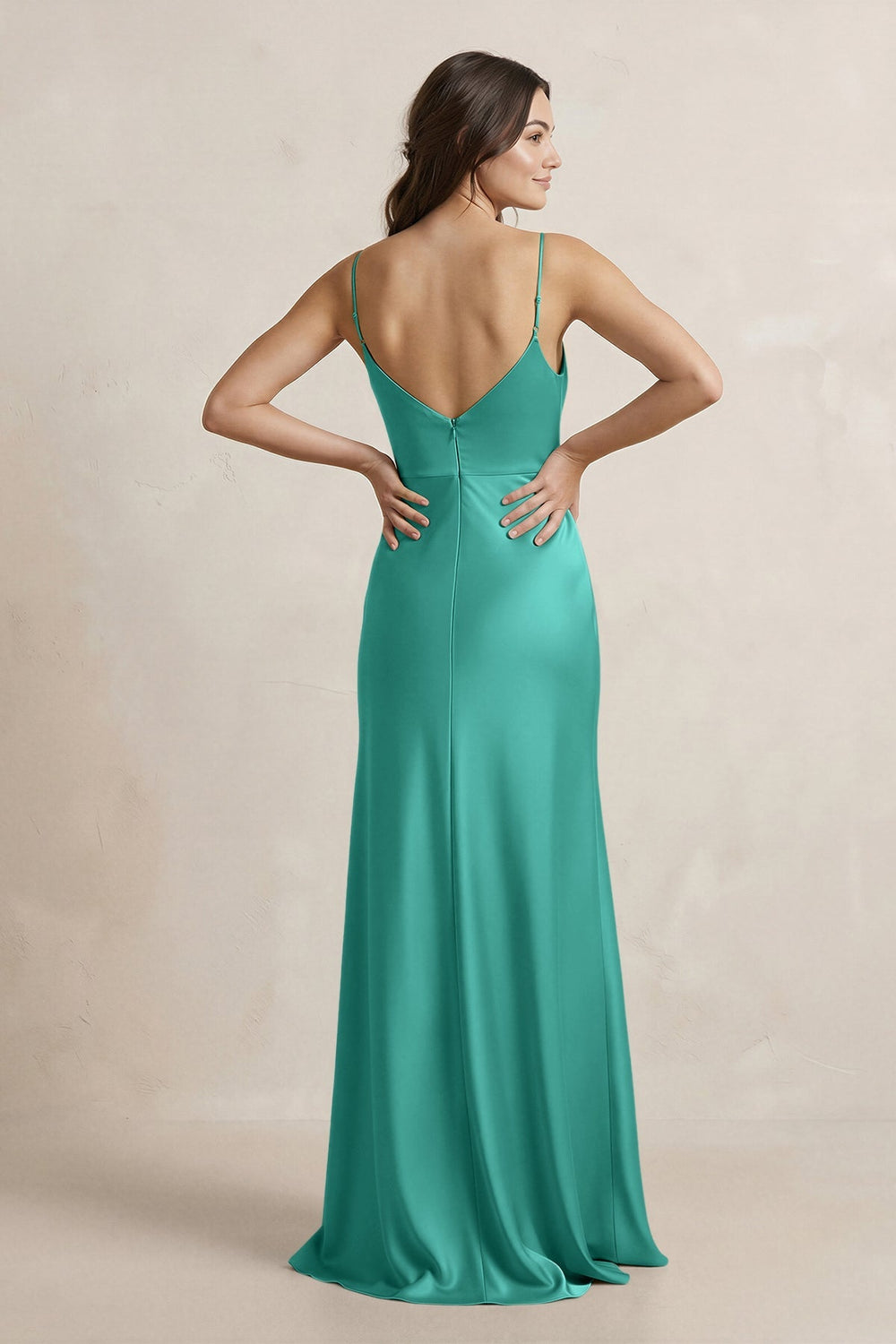 Spaghetti Strap Sheath Satin Bridesmaid Dress in Sea Glass - KissProm Bridesmaid Dresses