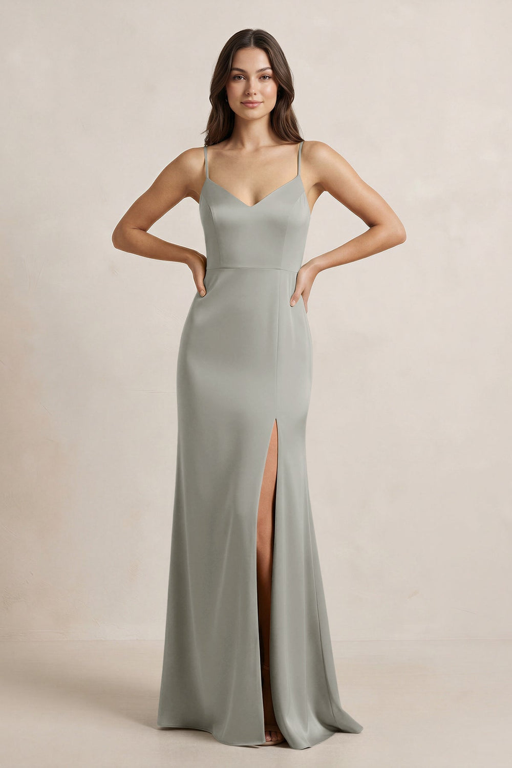 Spaghetti Strap Sheath Satin Bridesmaid Dress in Silver - KissProm Bridesmaid Dresses