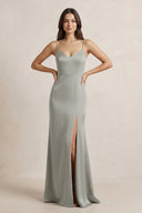 Spaghetti Strap Sheath Satin Bridesmaid Dress in Silver - KissProm Bridesmaid Dresses