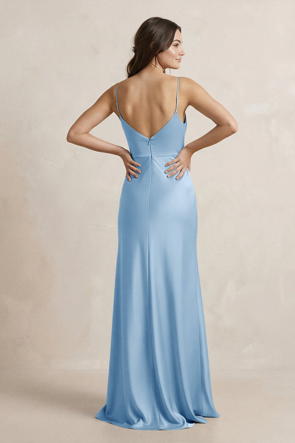 Spaghetti Strap Sheath Satin Bridesmaid Dress in Sky Blue - KissProm Bridesmaid Dresses