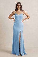 Spaghetti Strap Sheath Satin Bridesmaid Dress in Sky Blue - KissProm Bridesmaid Dresses