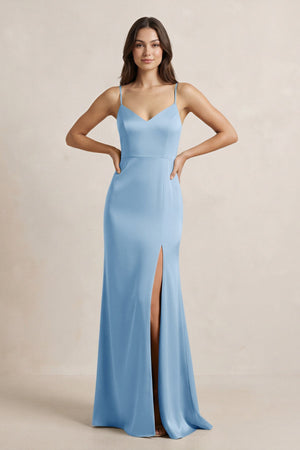 Spaghetti Strap Sheath Satin Bridesmaid Dress in Sky Blue - KissProm Bridesmaid Dresses