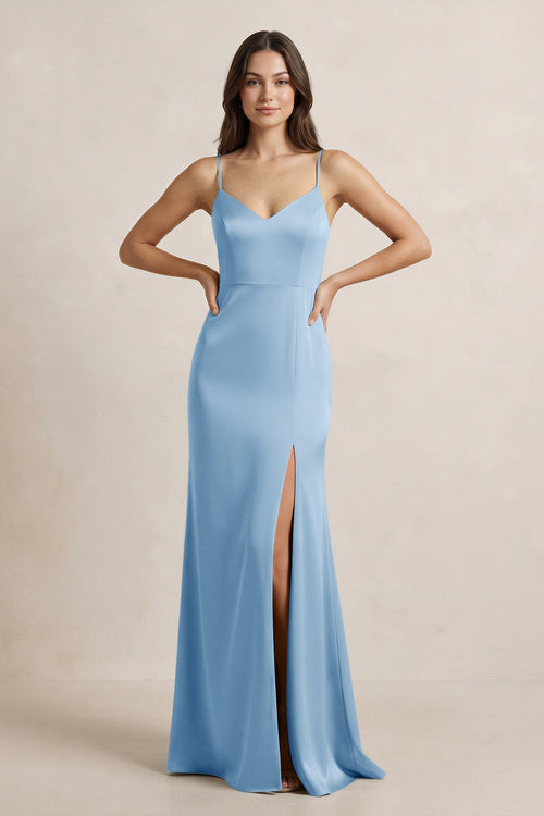 Spaghetti Strap Sheath Satin Bridesmaid Dress in Sky Blue - KissProm Bridesmaid Dresses