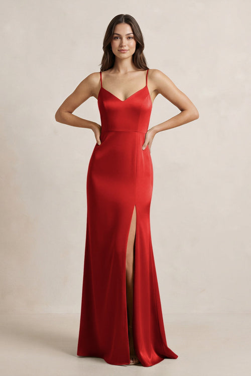 Spaghetti Strap Sheath Satin Bridesmaid Dress in Spice - KissProm Bridesmaid Dresses