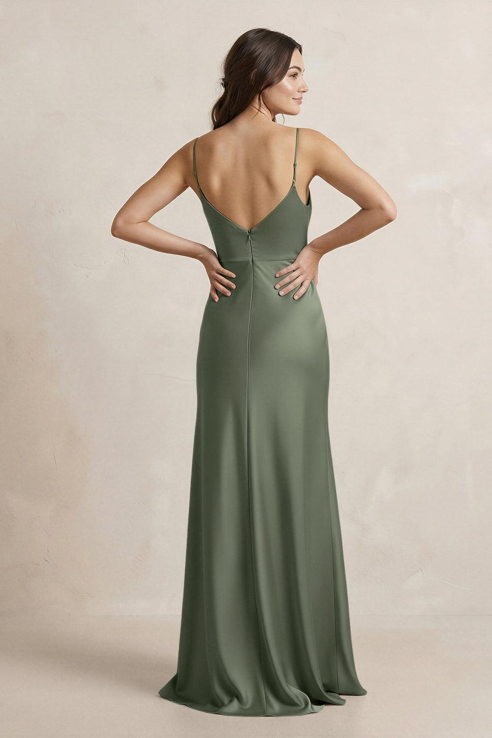 Spaghetti Strap Sheath Satin Bridesmaid Dress in Thyme - KissProm Bridesmaid Dresses