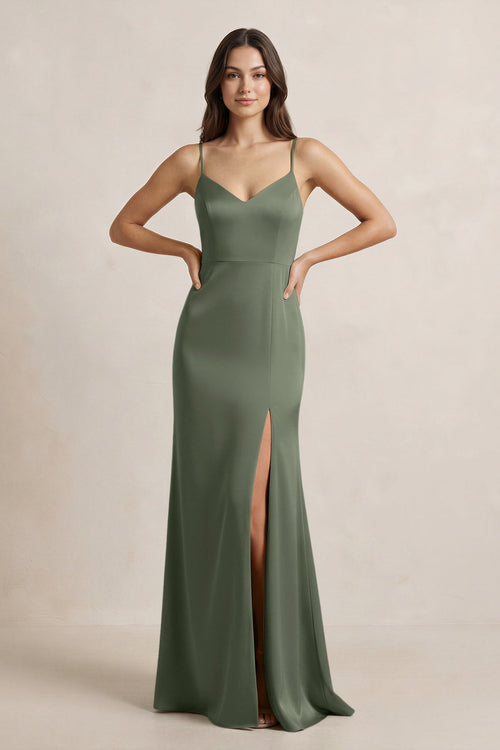 Spaghetti Strap Sheath Satin Bridesmaid Dress in Thyme - KissProm Bridesmaid Dresses