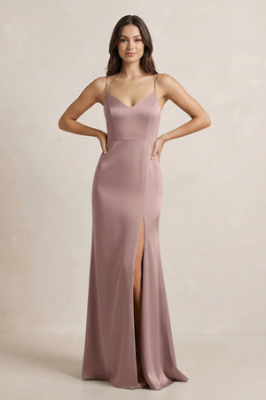 Spaghetti Strap Sheath Satin Bridesmaid Dress in Toffee - KissProm Bridesmaid Dresses