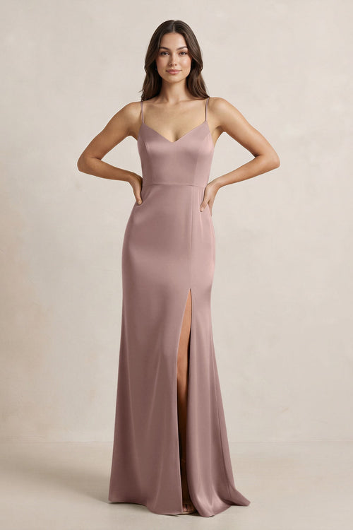 Spaghetti Strap Sheath Satin Bridesmaid Dress in Toffee - KissProm Bridesmaid Dresses