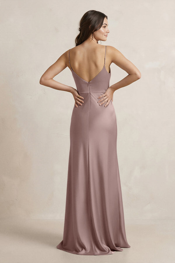 Spaghetti Strap Sheath Satin Bridesmaid Dress in Toffee - KissProm Bridesmaid Dresses