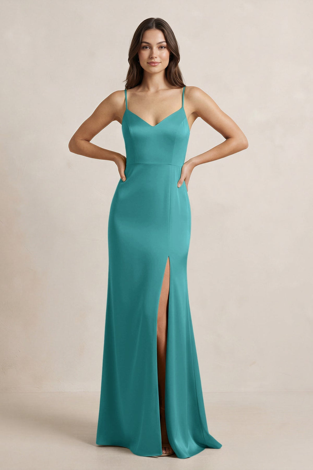 Spaghetti Strap Sheath Satin Bridesmaid Dress in Turquoise - KissProm Bridesmaid Dresses