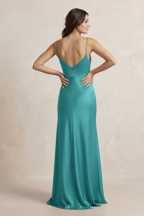 Spaghetti Strap Sheath Satin Bridesmaid Dress in Turquoise - KissProm Bridesmaid Dresses
