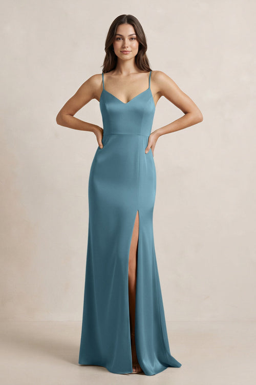 Spaghetti Strap Sheath Satin Bridesmaid Dress in Twilight - KissProm Bridesmaid Dresses