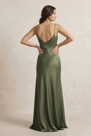 Spaghetti Strap Sheath Satin Bridesmaid Dress in Willow Green - KissProm Bridesmaid Dresses