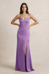 Spaghetti Strap Sheath Satin Bridesmaid Dress in Wisteria - KissProm Bridesmaid Dresses