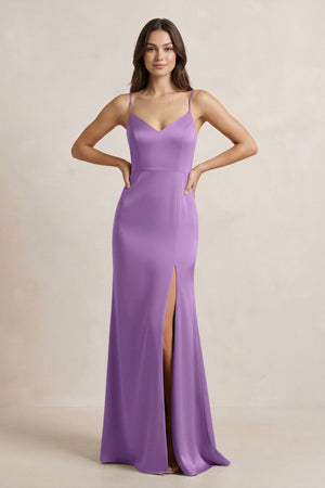 Spaghetti Strap Sheath Satin Bridesmaid Dress in Wisteria - KissProm Bridesmaid Dresses