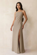 Spaghetti Strap Sheath Satin Bridesmaid Dress with Bow in Almond - KissProm Bridesmaid Dresses