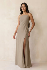 Spaghetti Strap Sheath Satin Bridesmaid Dress with Bow in Almond - KissProm Bridesmaid Dresses