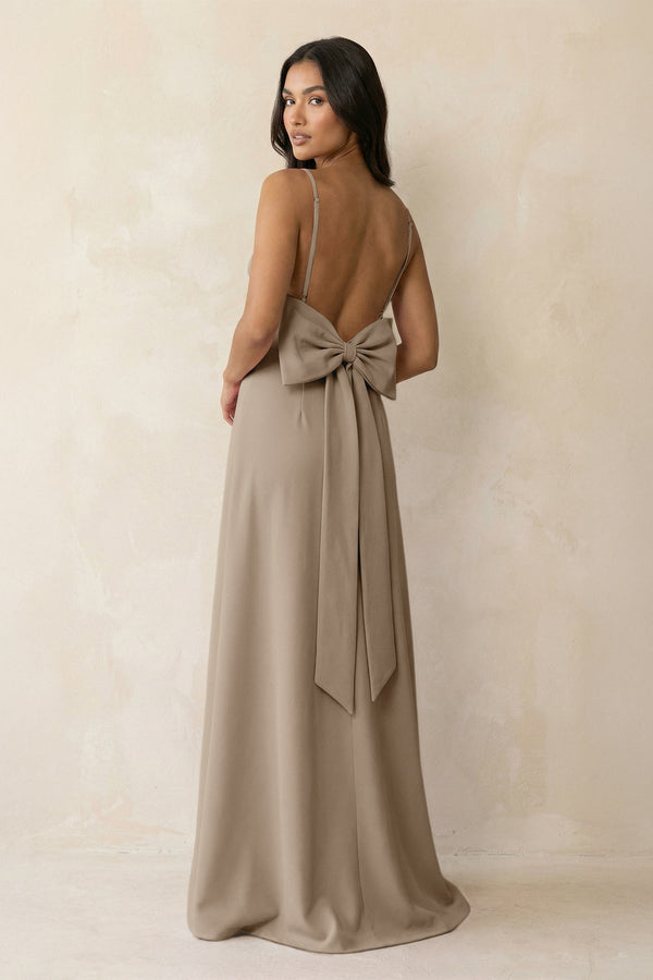 Spaghetti Strap Sheath Satin Bridesmaid Dress with Bow in Almond - KissProm Bridesmaid Dresses