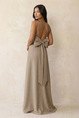 Spaghetti Strap Sheath Satin Bridesmaid Dress with Bow in Almond - KissProm Bridesmaid Dresses