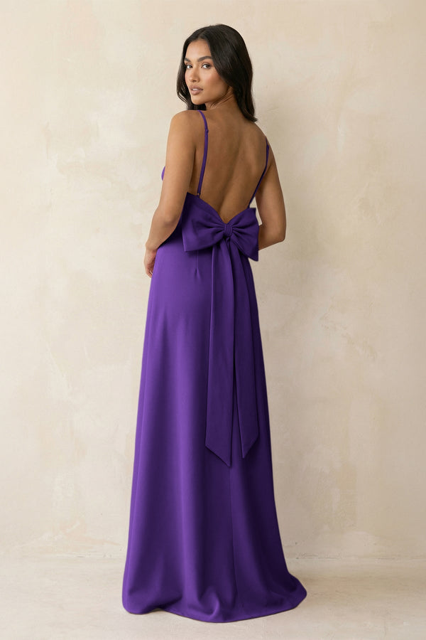Spaghetti Strap Sheath Satin Bridesmaid Dress with Bow in Amethyst - KissProm Bridesmaid Dresses