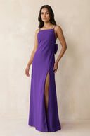 Spaghetti Strap Sheath Satin Bridesmaid Dress with Bow in Amethyst - KissProm Bridesmaid Dresses