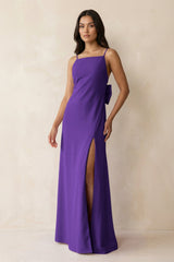 Spaghetti Strap Sheath Satin Bridesmaid Dress with Bow in Amethyst - KissProm Bridesmaid Dresses