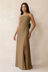 Spaghetti Strap Sheath Satin Bridesmaid Dress with Bow in Apple Cinnamon - KissProm Bridesmaid Dresses