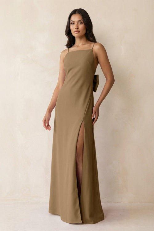 Spaghetti Strap Sheath Satin Bridesmaid Dress with Bow in Apple Cinnamon - KissProm Bridesmaid Dresses