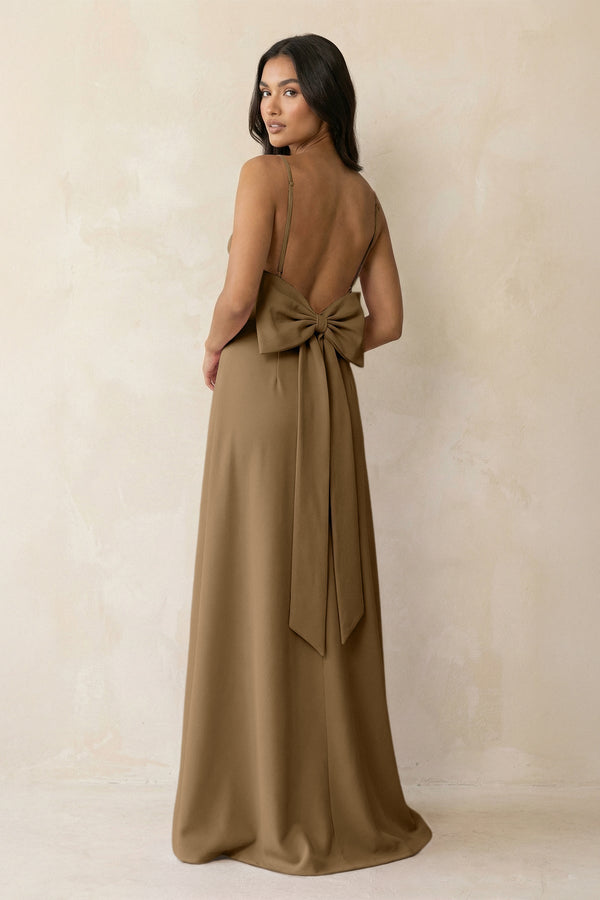 Spaghetti Strap Sheath Satin Bridesmaid Dress with Bow in Apple Cinnamon - KissProm Bridesmaid Dresses