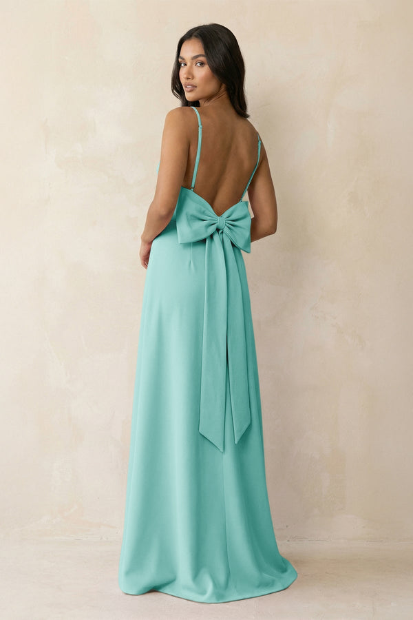Spaghetti Strap Sheath Satin Bridesmaid Dress with Bow in Aqua - KissProm Bridesmaid Dresses
