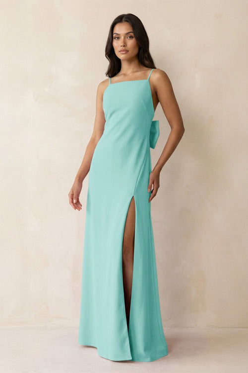 Spaghetti Strap Sheath Satin Bridesmaid Dress with Bow in Aqua - KissProm Bridesmaid Dresses