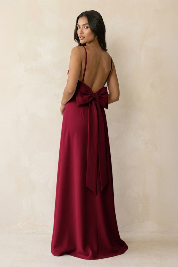 Spaghetti Strap Sheath Satin Bridesmaid Dress with Bow in Berry - KissProm Bridesmaid Dresses