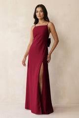 Spaghetti Strap Sheath Satin Bridesmaid Dress with Bow in Berry - KissProm Bridesmaid Dresses