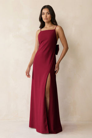 Spaghetti Strap Sheath Satin Bridesmaid Dress with Bow in Berry - KissProm Bridesmaid Dresses