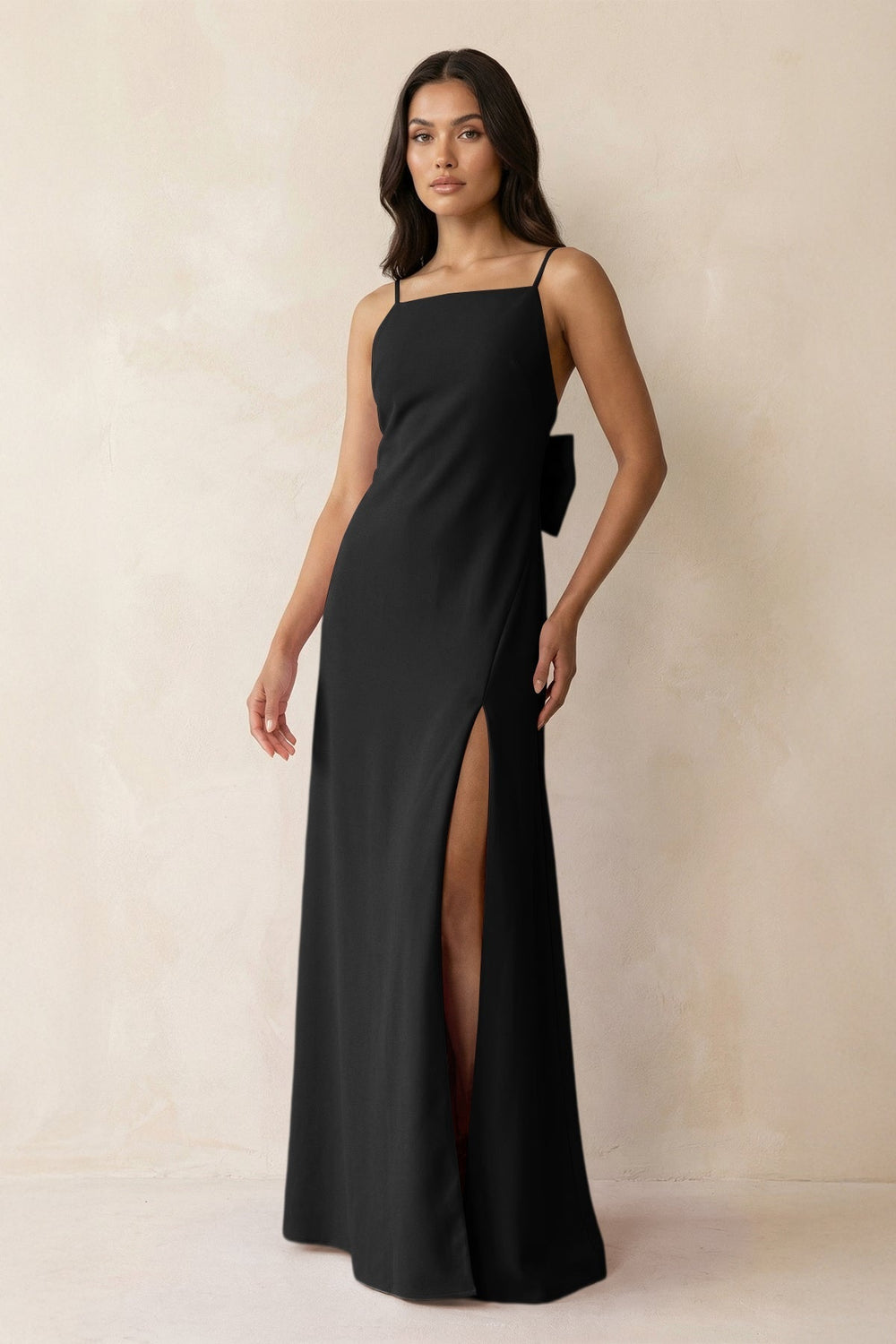 Spaghetti Strap Sheath Satin Bridesmaid Dress with Bow in Black - KissProm Bridesmaid Dresses