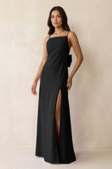 Spaghetti Strap Sheath Satin Bridesmaid Dress with Bow in Black - KissProm Bridesmaid Dresses